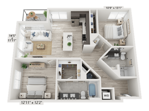 Floor plan for 2 beds, 2 baths, 1085 sqft